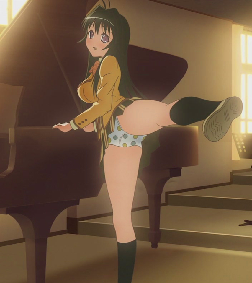 takami akio, minamoto chizuru, kanokon, anime screenshot, stitched, third-party edit, 00s, 1girl, ahoge, black hair, blush, bow, bowtie, breasts, female focus, grand piano, instrument, kneehighs, large breasts, leg lift, legs, long hair, miniskirt, no nose, panties, pantyshot, piano, polka dot, polka dot panties, purple eyes, school uniform, skirt, socks, solo, spread legs, thighs, underwear, upskirt