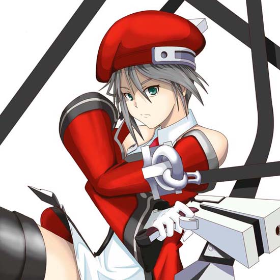 kotsudui, kotuzui yositune, noel vermillion, arc system works, blazblue, silver hair, 1girl, alternate color, beret, female focus, green eyes, gun, hat, short hair, solo, thighhighs, weapon