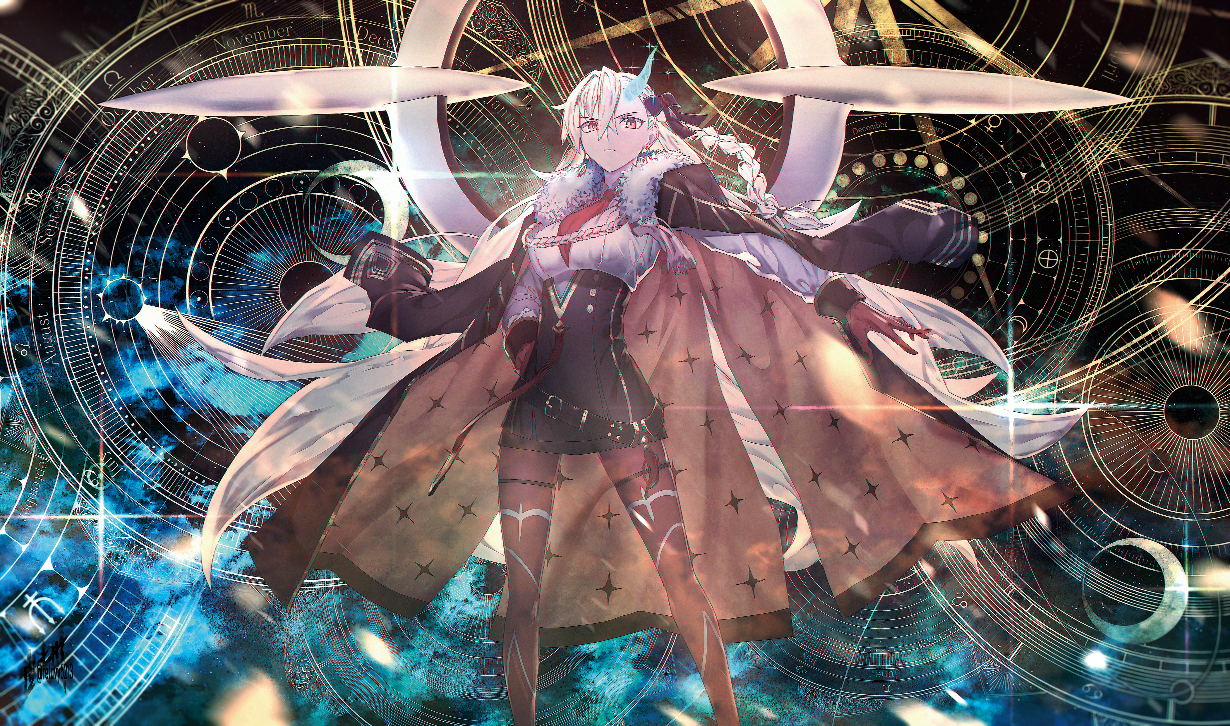 reluvy, olga marie animusphere, olga marie animusphere (unbeast), fate/grand order, fate (series), absurdres, highres, 1girl, breasts, gloves, horns, long hair, long sleeves, looking at viewer, medium breasts, necktie, pantyhose, red gloves, red necktie, red pantyhose, shirt, single horn, skirt, solo, white hair, yellow eyes