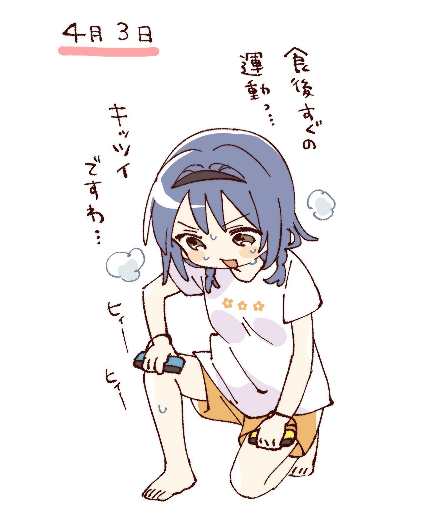 namori, furutani himawari, yuruyuri, hashtag-only commentary, highres, translation request, 1girl, :d, barefoot, black hairband, blue hair, blush stickers, braid, brown eyes, controller, full body, game controller, hairband, holding, holding controller, holding game controller, joy-con, on one knee, open mouth, orange shorts, puff of air, shirt, short hair, short sleeves, shorts, simple background, smile, solo, sweat, twin braids, white background, white shirt