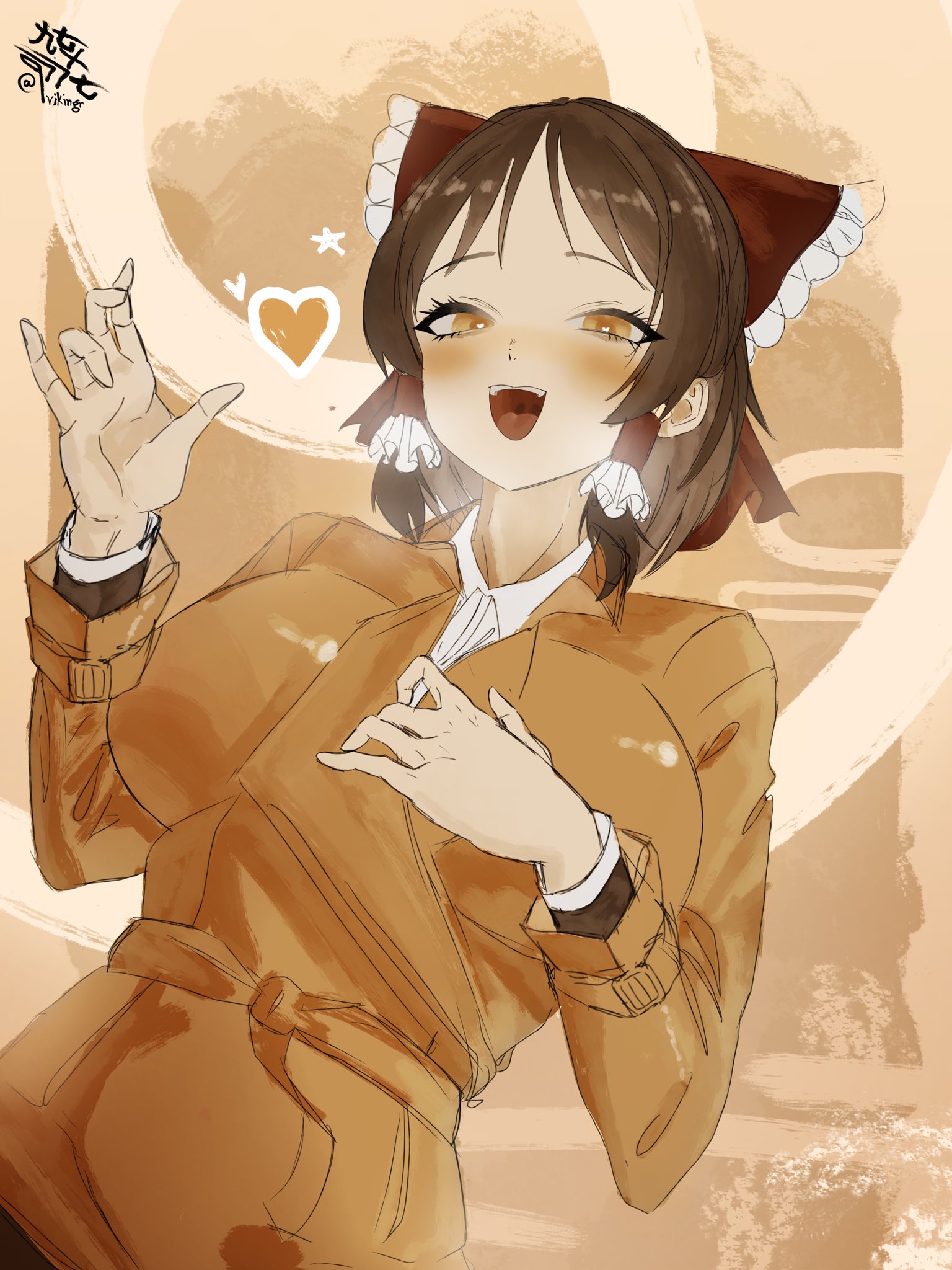 hakurei reimu, touhou, commentary, highres, symbol-only commentary, 1girl, alternate costume, blush, bow, brown eyes, brown hair, coat, hair tubes, hand on own chest, hand up, looking at viewer, medium hair, open mouth, orange coat, qvikingr, red bow, shirt, signature, smile, solo, teeth, twitter username, upper body, upper teeth only, white shirt
