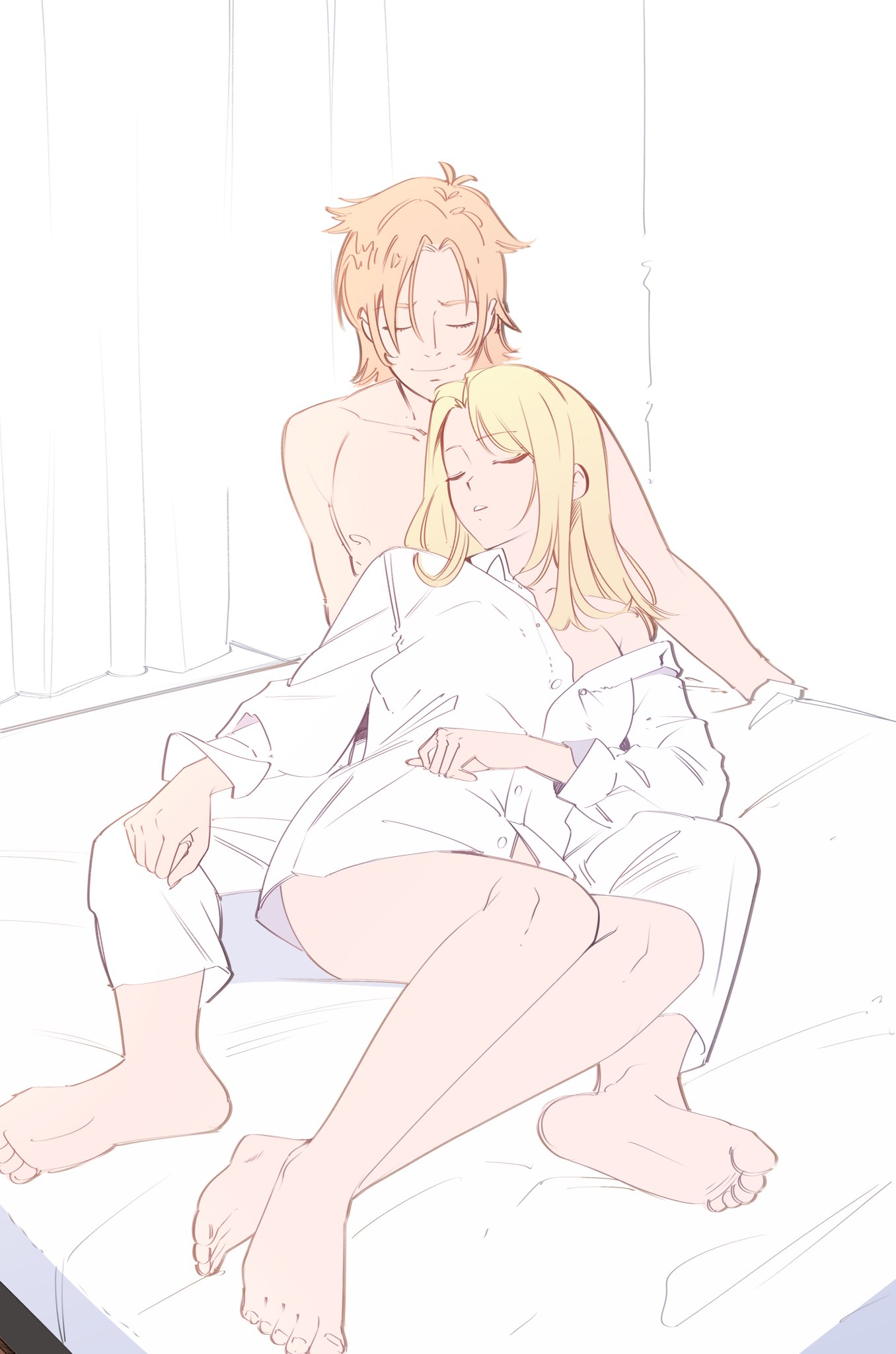 paul greyrat, zenith greyrat, mushoku tensei, highres, 1boy, 1girl, bare pectorals, blonde hair, brown hair, closed eyes, husband and wife, on bed, pants, pectorals, shirt, sleeping, smile, takumishimizu96, white pants, white shirt