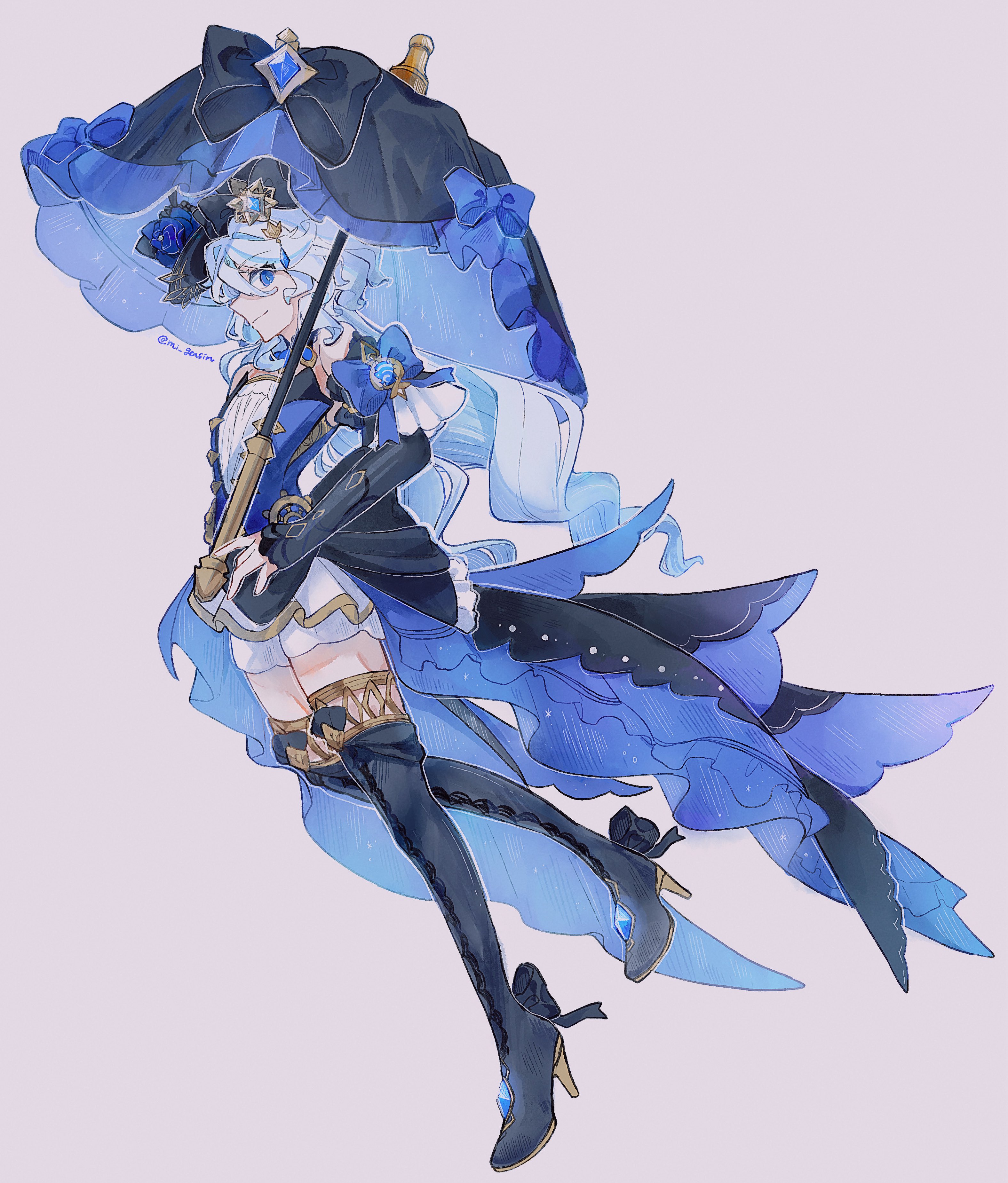 mi gensin, furina (genshin impact), navia (genshin impact), genshin impact, absurdres, highres, 1girl, alternate color, bare shoulders, black dress, black gloves, black hat, blue dress, blue eyes, blue flower, blue gemstone, blue hair, blue rose, bodice, boots, cosplay, dress, flower, gem, gloves, hat, hat flower, high heel boots, high heels, holding, holding umbrella, lace-trimmed collar, lace trim, long hair, multicolored hair, navia (genshin impact) (cosplay), rose, ship's wheel ornament, solo, strapless, strapless dress, thigh boots, umbrella, vision (genshin impact), white hair