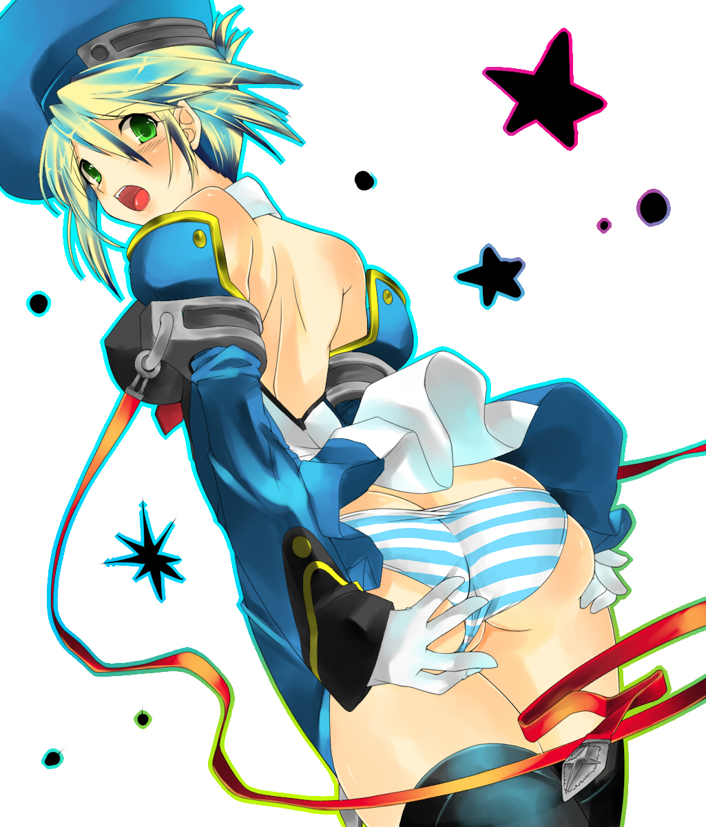 akira kichi, ayakichi, noel vermillion, arc system works, blazblue, bad id, bad pixiv id, highres, 1girl, ass, back, bare shoulders, beret, blue eyes, covering ass, covering privates, detached sleeves, dutch angle, embarrassed, female focus, gloves, gluteal fold, hat, looking at viewer, looking back, multicolored hair, open mouth, panties, pantyshot, partially visible vulva, short hair, simple background, solo, star (symbol), striped clothes, striped panties, teeth, thighhighs, thighs, tongue, underwear, upper teeth only, white background