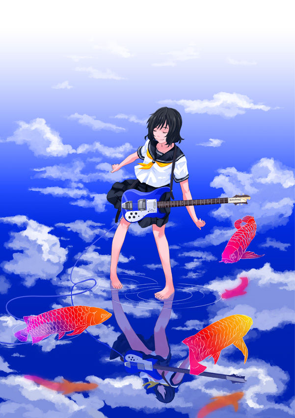 hamada youho, original, 1girl, barefoot, bass guitar, black hair, closed eyes, cloud, feet, female focus, fish, guitar, instrument, koi, panties, pantyshot, pigeon-toed, reflection, rickenbacker, rickenbacker 4001, ripples, school uniform, serafuku, short hair, solo, underwear, upskirt, walking, walking on liquid, water