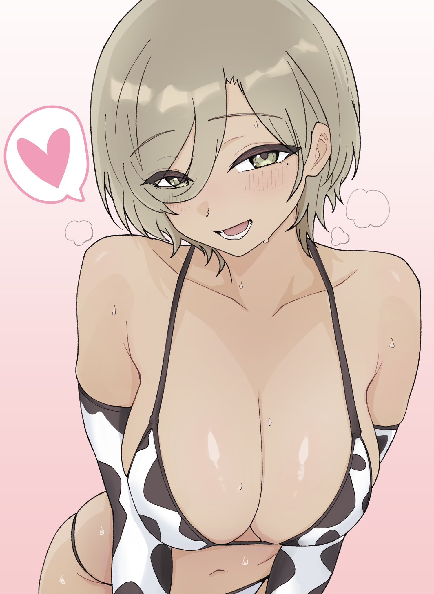 n nai nai n, rupa (girls band cry), girls band cry, commentary, highres, symbol-only commentary, 1girl, animal print, bikini, blush, breasts, brown eyes, brown hair, cleavage, collarbone, cow print, cow print bikini, hair between eyes, heart, large breasts, long hair between eyes, lower teeth only, mole, mole under eye, open mouth, print bikini, solo, spoken heart, swimsuit, teeth