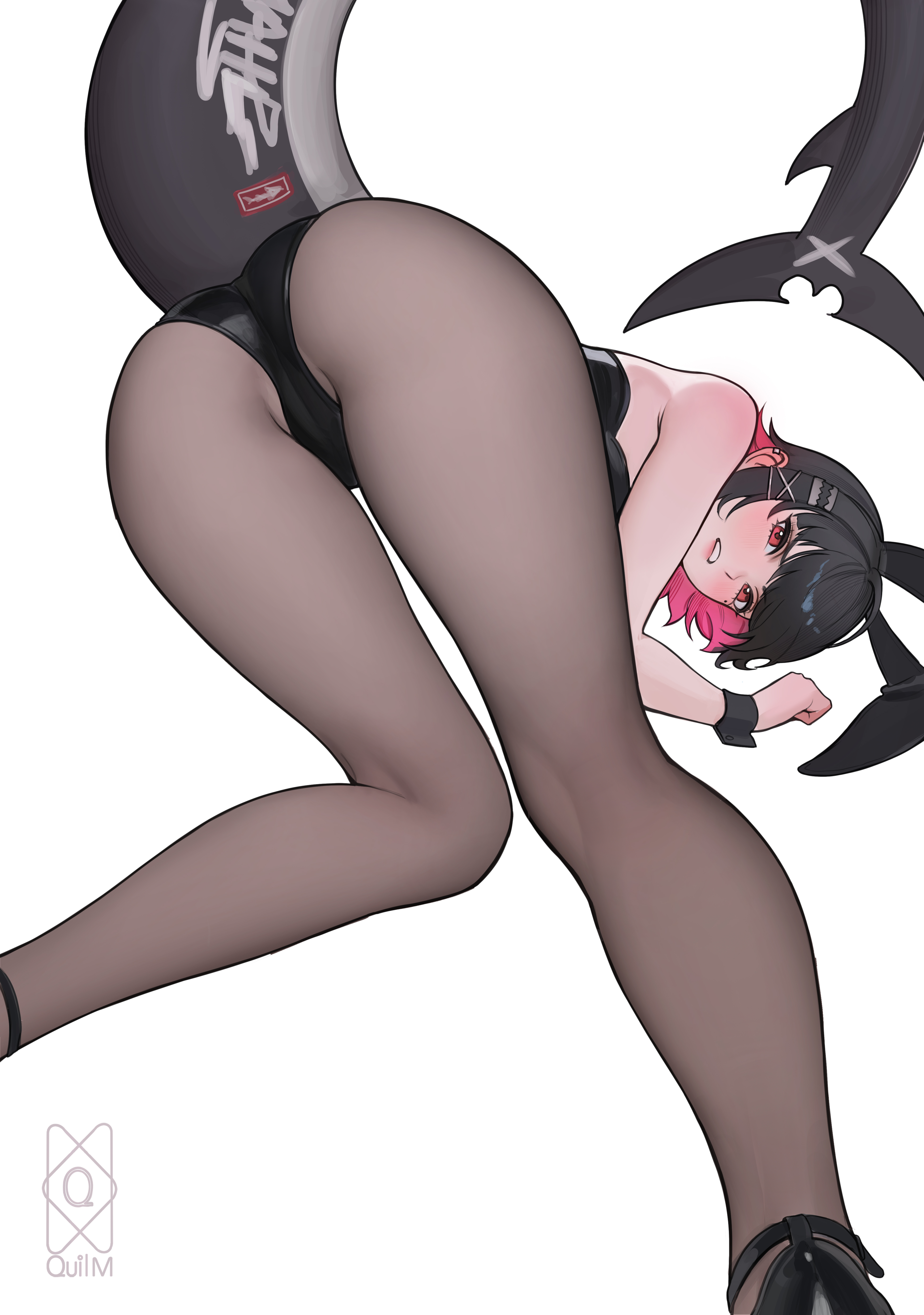 quilm, ellen joe, zenless zone zero, absurdres, commentary, english commentary, highres, 1girl, alternate costume, animal ears, ass, ass focus, bare shoulders, black hair, black leotard, black pantyhose, blush, breasts, colored inner hair, earrings, fake animal ears, fins, fish tail, hairband, jewelry, leotard, looking at viewer, metal hairband, mole, mole under eye, multicolored hair, pantyhose, parted lips, playboy bunny, rabbit ears, razor blade hair ornament, red eyes, scar, scar on tail, shark girl, shark tail, shoes, short hair, simple background, single earring, solo, strappy heels, tail, thighs, two-tone hair, white background, wrist cuffs