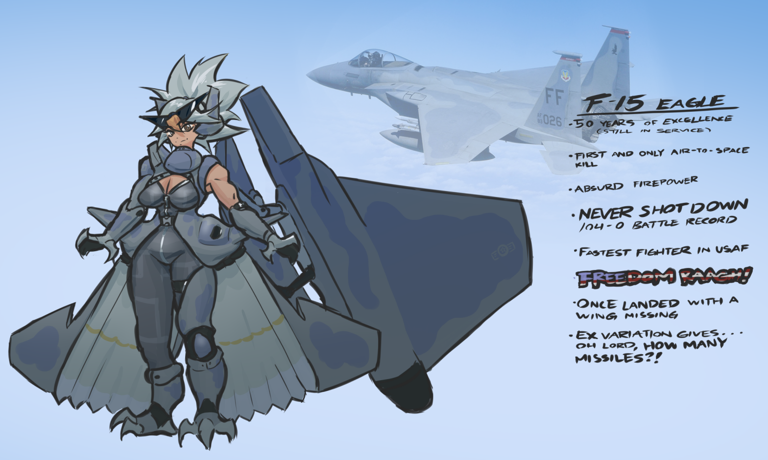 original, non-web source, air-to-air missile, blonde streaks, brown eyes, eyewear on head, f-15 eagle, mecha pilot suit, mechanical arms, mechanical wings, multicolored hair, personification, white hair, wings