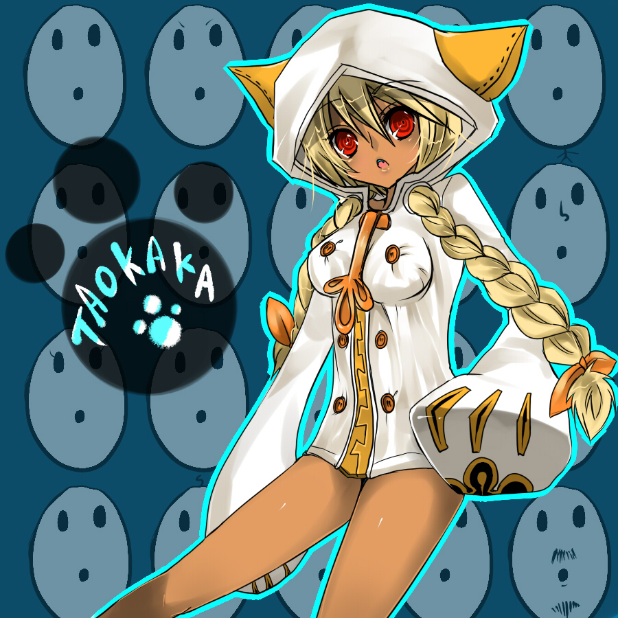 akira kichi, ayakichi, taokaka, arc system works, blazblue, bad id, 0 0, 1girl, animal ears, animal hood, blonde hair, braid, buttons, cat ears, cat hood, character name, dark-skinned female, dark skin, female focus, hood, hoodie, red eyes, solo, twin braids