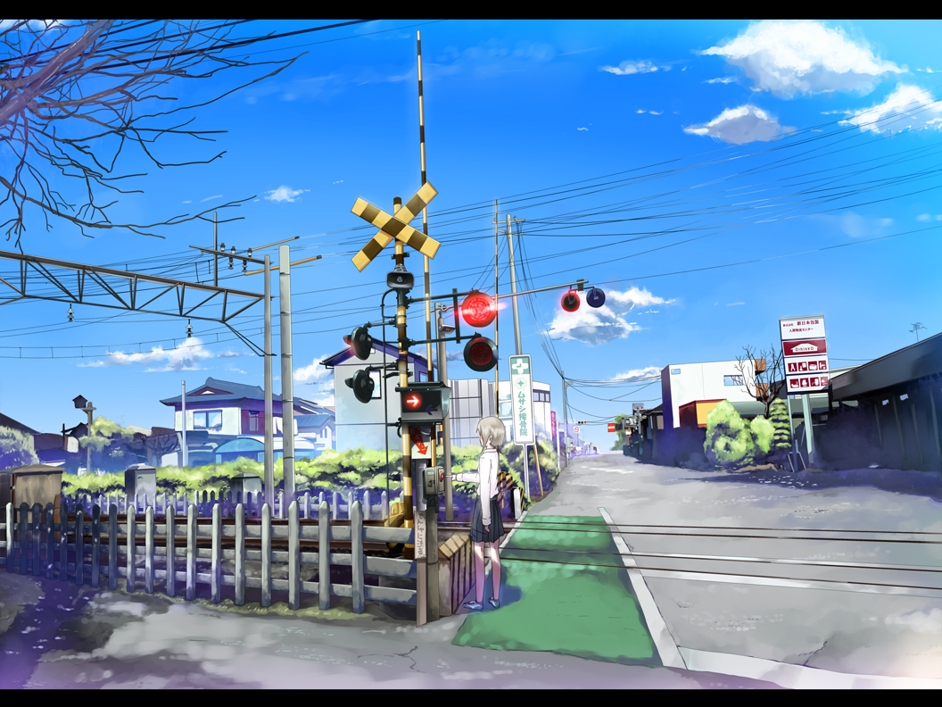 crossing, ryouma (galley), bad id, bad pixiv id, 1girl, cloud, day, letterboxed, railroad crossing, railroad signal, railroad tracks, real world location, road, scenery, school uniform, sign, skirt, sky, street, vanishing point
