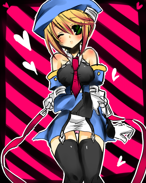 akira kichi, ayakichi, noel vermillion, arc system works, blazblue, alternate breast size, striped, 1girl, bare shoulders, beret, black thighhighs, blonde hair, blush, detached sleeves, female focus, gloves, green eyes, hat, necktie, one eye closed, panties, pantyshot, pink panties, ribbon, short hair, skirt, solo, suspenders, thighhighs, underwear, wink, zettai ryouiki