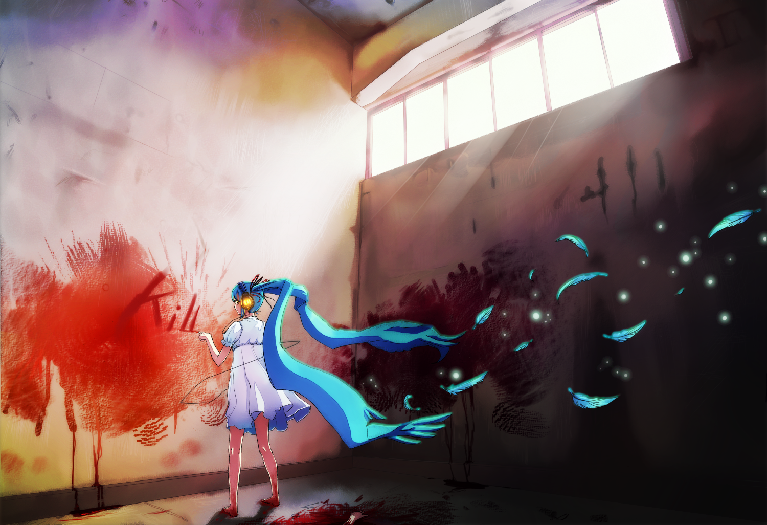 garakuta omocha, koyoi mitsuki, hatsune miku, vocaloid, bad id, bad pixiv id, 1girl, blood, blue hair, dress, feathers, female focus, long hair, solo, twintails, very long hair, yandere