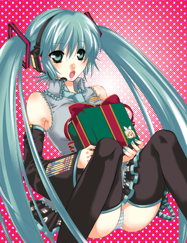 hirusawa hiro, hatsune miku, vocaloid, 1girl, aqua eyes, aqua hair, detached sleeves, female focus, gift, headset, holding, holding gift, panties, pantyshot, sitting, skirt, solo, striped clothes, striped panties, thighhighs, twintails, underwear