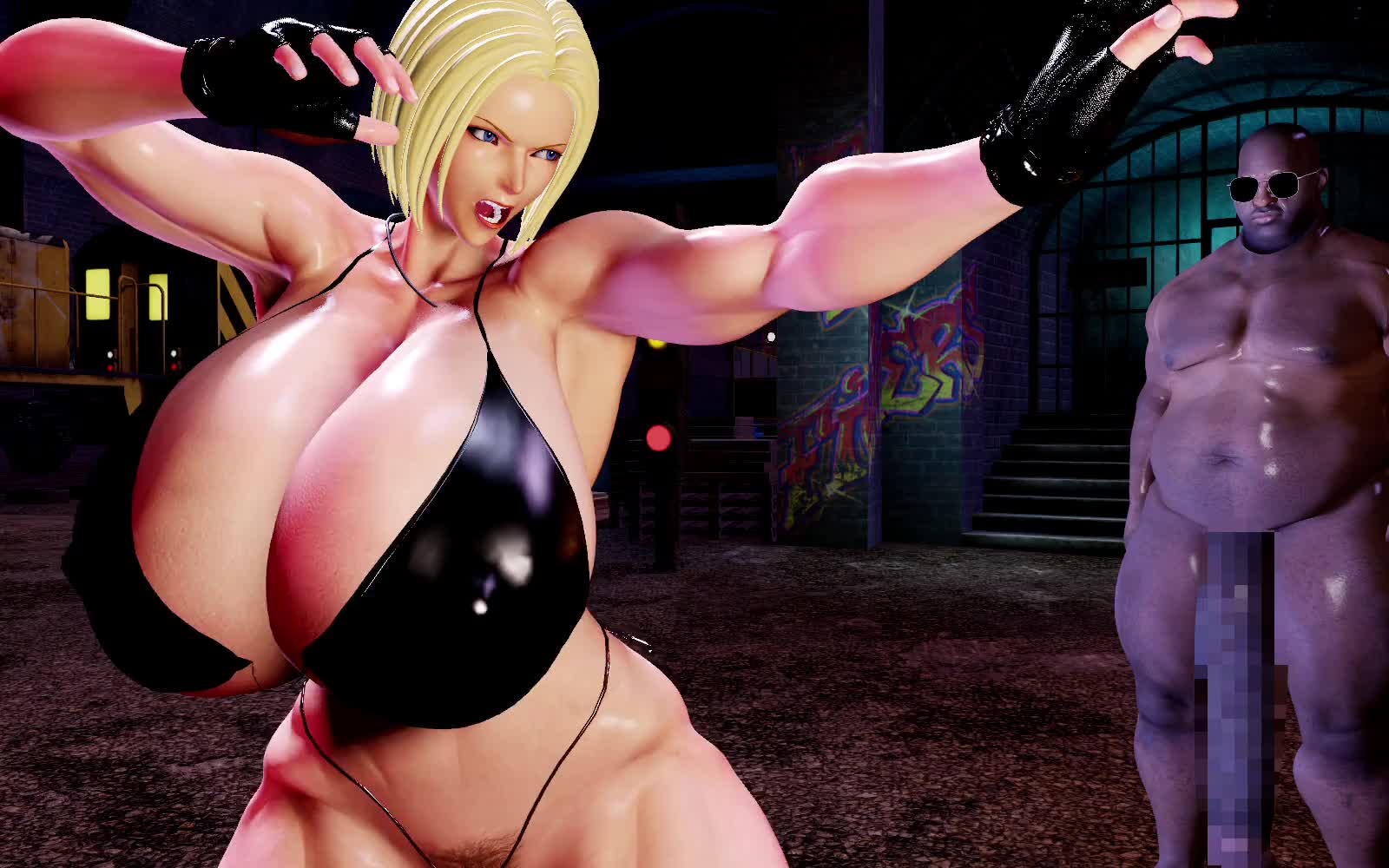 noriheita, blue mary, the king of fighters, animated, tagme, video, 1girl, blonde hair, blue eyes, bouncing breasts, breasts, dark-skinned male, dark skin, female focus, gloves, huge breasts, huge penis, jiggle, large breasts, pale skin, penis, shiny clothes, shiny skin, short hair, thick thighs, thighs