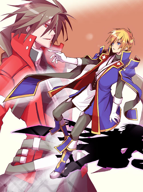 inaho178, kisaragi jin, ky kiske, ragna the bloodedge, sol badguy, arc system works, blazblue, blazblue: calamity trigger, guilty gear, blue footwear, bad id, bad pixiv id, 2boys, blonde hair, boots, brown hair, cosplay, jin kisaragi (cosplay), male focus, multiple boys, ragna the bloodedge (cosplay)