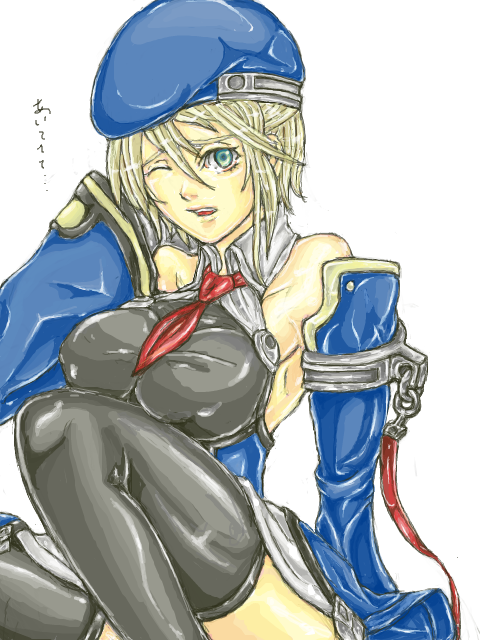 noel vermillion, arc system works, blazblue, bad id, bad pixiv id, beret, blonde hair, detached sleeves, hat, necktie, one eye closed, short hair, solo, thighhighs, wink