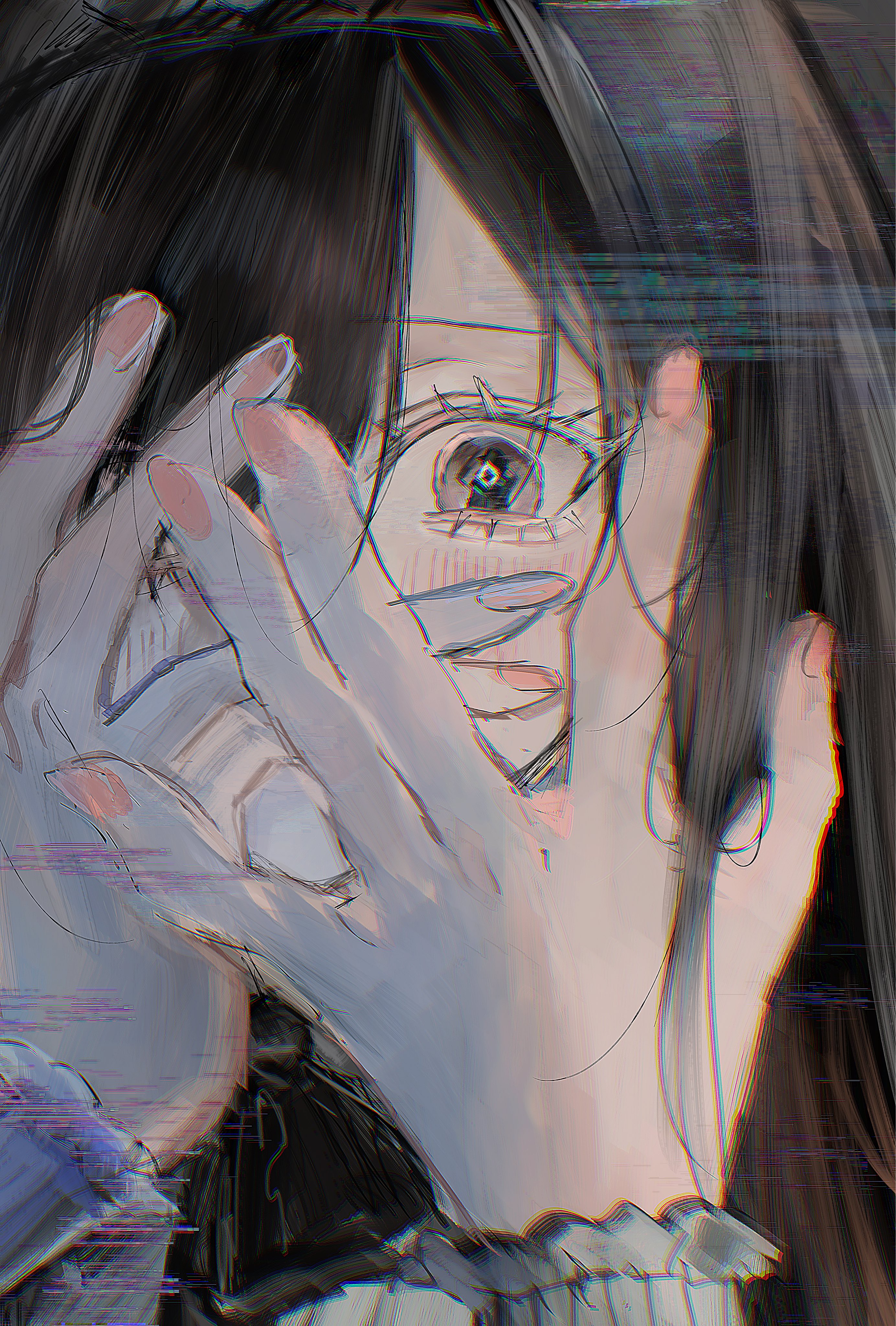 inmybagg, priestess (arknights), arknights, absurdres, highres, 1girl, black eyes, black hair, black hairband, blush, close-up, covering own eyes, diamond-shaped pupils, diamond (shape), glitch, hairband, looking at viewer, peeking through fingers, pink nails, solo, sweater, symbol-shaped pupils, turtleneck, turtleneck sweater, white sweater
