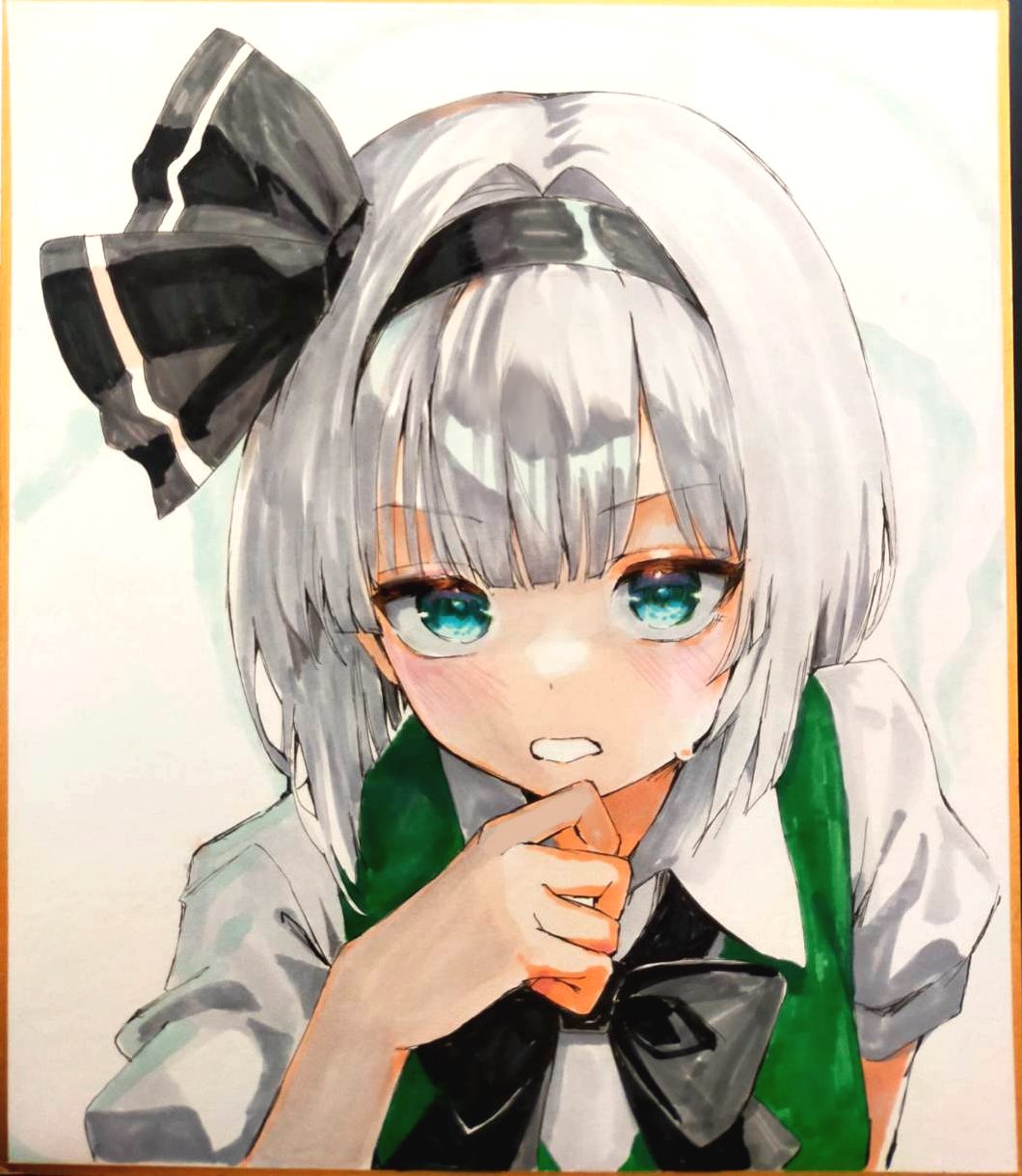 mikan (manmarumikan), konpaku youmu, konpaku youmu (ghost), touhou, commentary request, highres, traditional media, 1girl, black bow, black bowtie, blue eyes, blush, bow, bowtie, collared shirt, green vest, hairband, looking at viewer, medium hair, parted lips, shirt, short sleeves, solo, teeth, upper body, vest, white hair, white shirt