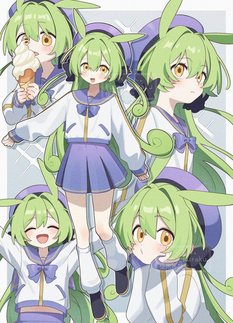 corn kuten, zundamon, voicevox, commentary request, 1girl, :d, ^ ^, alternate costume, alternate hairstyle, animal ears, black shoes, blue bow, blue bowtie, blue hat, blue sailor collar, blue skirt, blush, border, bow, bowtie, closed eyes, closed mouth, double-parted bangs, food, full body, green hair, grey background, hair between eyes, hat, holding, holding food, holding ice cream, ice cream, long hair, long sleeves, multiple views, open mouth, outline, outside border, pleated skirt, sailor collar, shirt, shoes, skirt, smile, socks, standing, two side up, watermark, white border, white outline, white shirt, white socks, yellow eyes