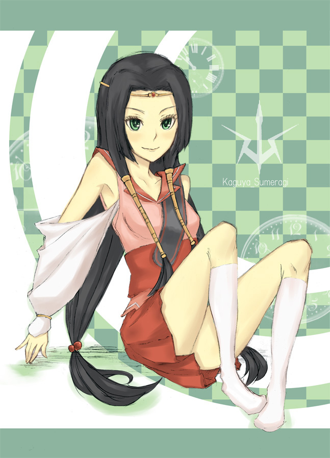 kiyuren, sumeragi kaguya, code geass, 00s, 1girl, armpits, bare legs, bare shoulders, black hair, blue eyes, checkered background, clock, collarbone, female focus, full body, japanese clothes, kimono, kneehighs, long hair, looking at viewer, low-tied long hair, pleated skirt, red skirt, simple background, skirt, socks, solo, thighs, very long hair, white socks