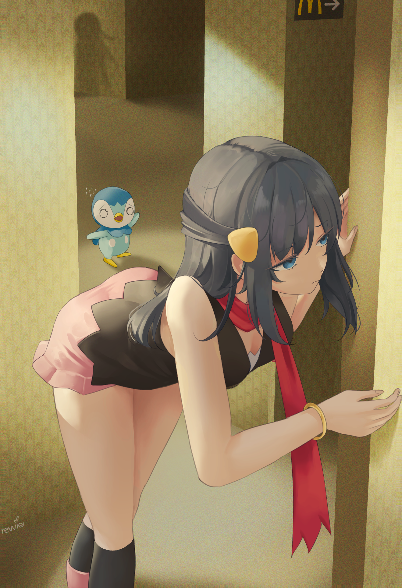 revvie, dawn (pokemon), piplup, backrooms (creepypasta), nintendo, pokemon, pokemon dppt, highres, 1girl, beak, bird, black hair, black socks, blue eyes, blue hair, boots, bracelet, breasts, closed mouth, gen 4 pokemon, hair ornament, hairclip, jewelry, kneehighs, liminal space, long hair, o o, open mouth, penguin, pink boots, pink skirt, pokemon (creature), red scarf, scarf, shadow, shirt, skirt, sleeveless, socks