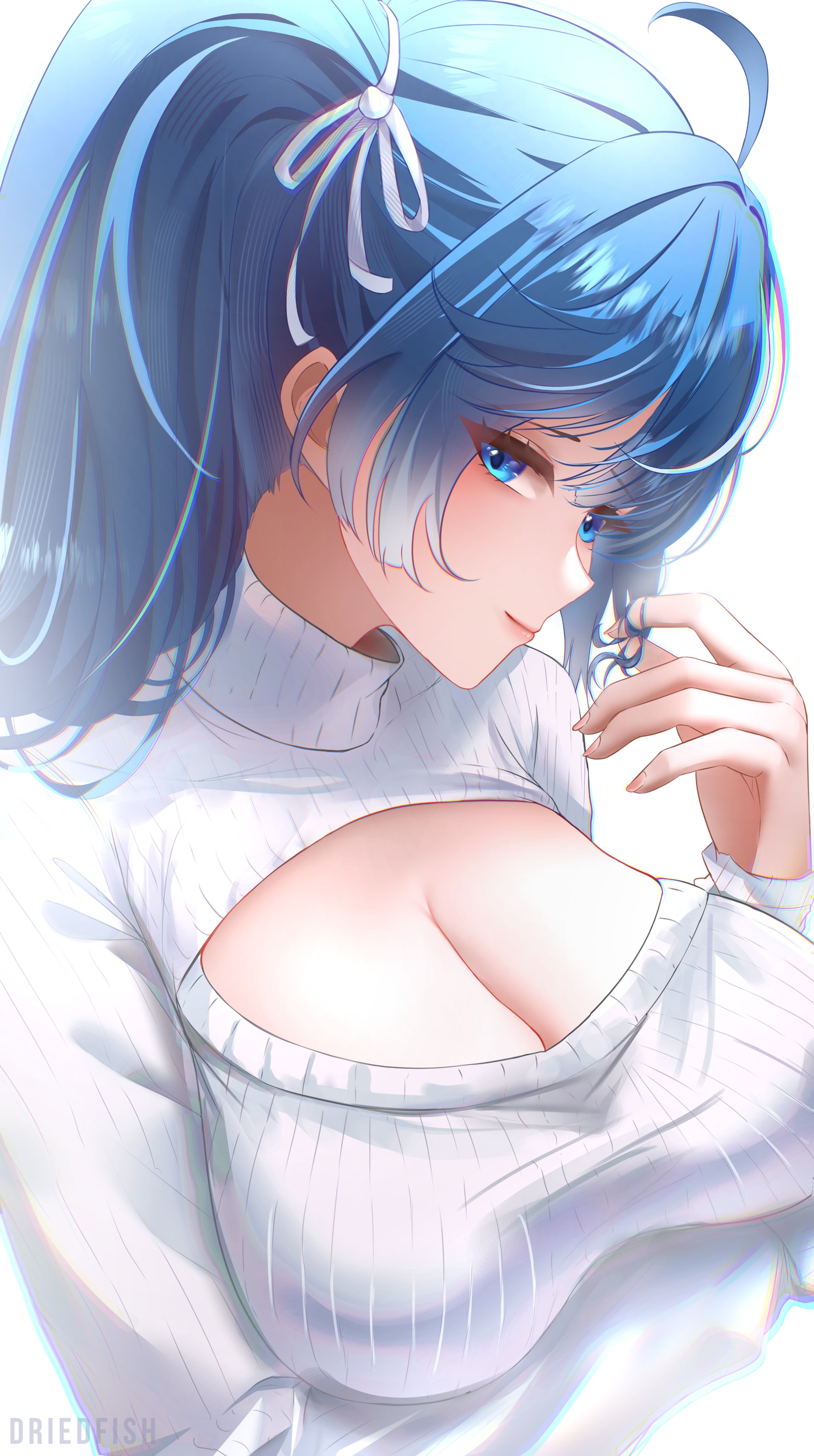 realdriedfish, iuno (wuthering waves), wuthering waves, absurdres, commentary, hashtag-only commentary, highres, 1girl, ahoge, alternate costume, arm under breasts, artist name, blue eyes, blue hair, breasts, chromatic aberration, cleavage, closed mouth, fingernails, hair ribbon, hand up, heavy chromatic aberration, large breasts, long hair, long sleeves, looking at viewer, ribbed sweater, ribbon, smile, solo, sweater, turtleneck, turtleneck sweater, twirling hair, white ribbon, white sweater