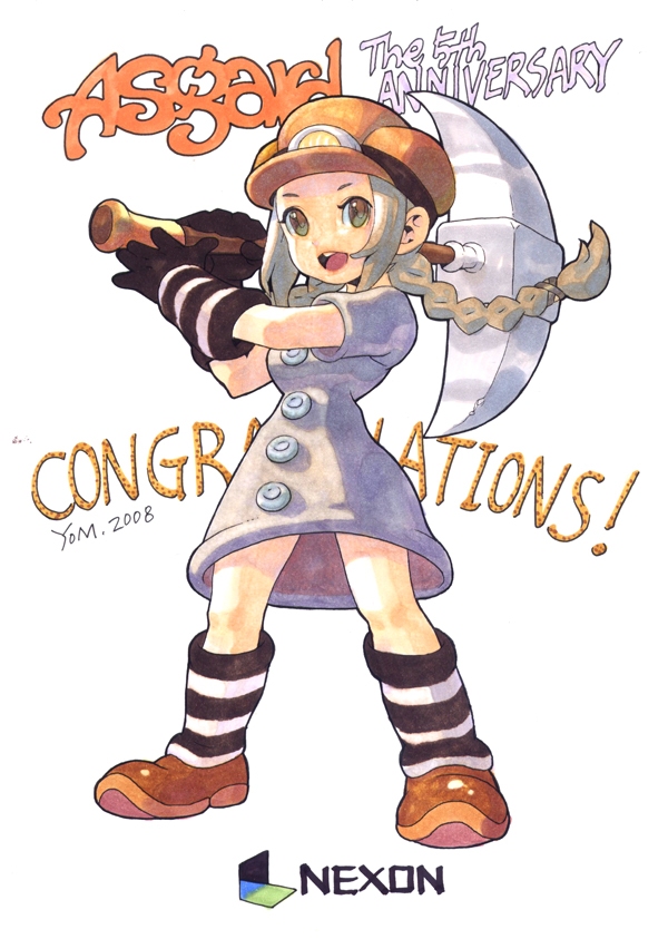 asgard, nexon, artist request, medium request, official art, second-party source, traditional media, 1girl, 2008, anniversary, black gloves, black mouth, black socks, braid, brown eyes, brown hair, brown hat, brown shoes, buttons, company name, congratulations, copyright name, dated, dress, full body, gloves, grey dress, grey sleeves, hair ornament, hat, holding, holding pickaxe, legs apart, long hair, low-braided long hair, low-tied long hair, low twin braids, low twintails, milestone celebration, miner, mining helmet, open mouth, pickaxe, shoes, short dress, sidelocks, simple background, socks, solo, standing, striped clothes, striped gloves, striped socks, tongue, twin braids, twintails, white background, white gloves, white socks, x hair ornament