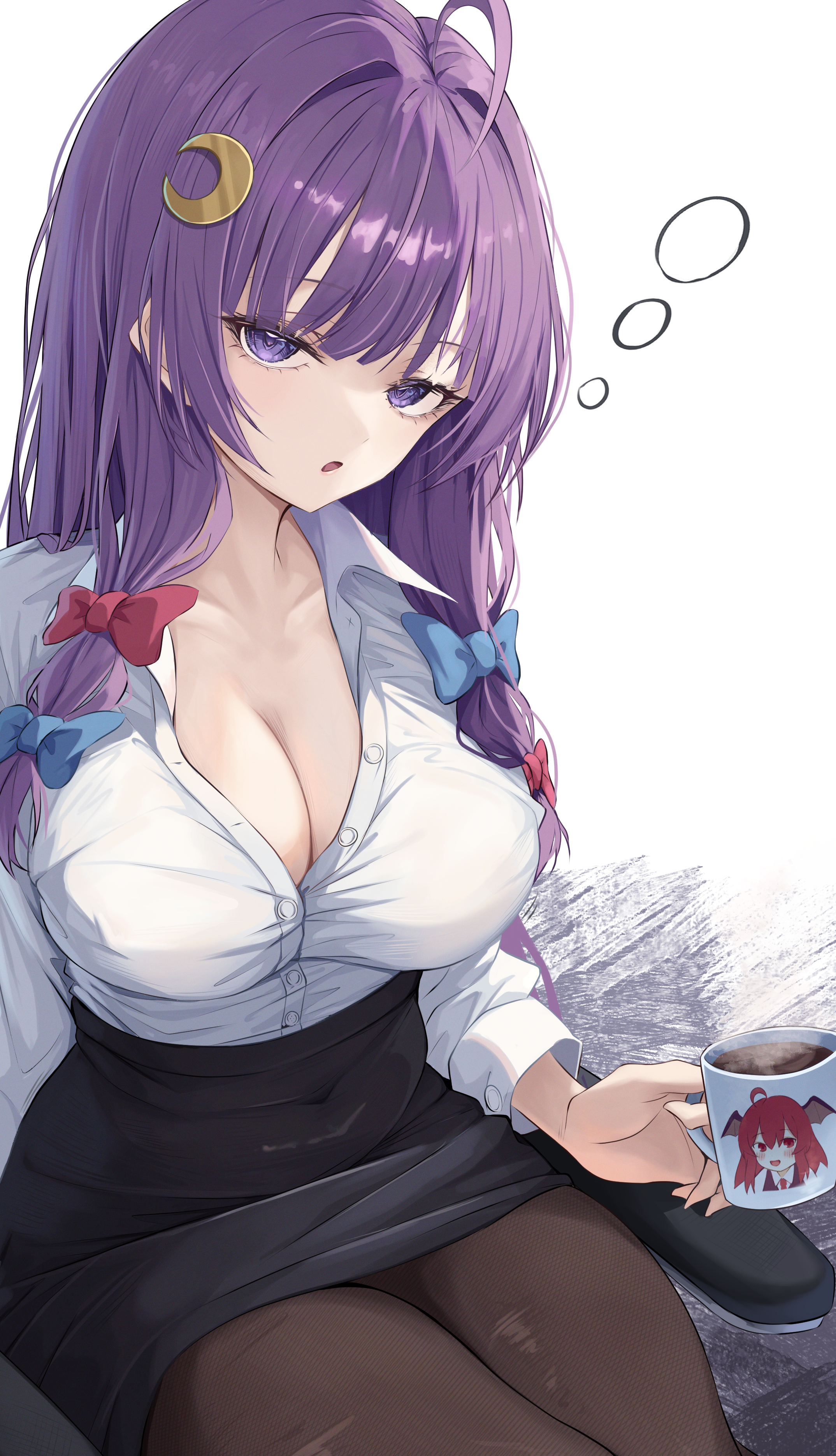 pennosuke, koakuma, patchouli knowledge, touhou, absurdres, highres, 1girl, black pantyhose, breasts, cleavage, crescent, crescent hair ornament, cup, hair ornament, high-waist skirt, holding, holding cup, large breasts, looking at viewer, office lady, pantyhose, purple eyes, purple hair, shirt, sitting, skirt, solo, white shirt