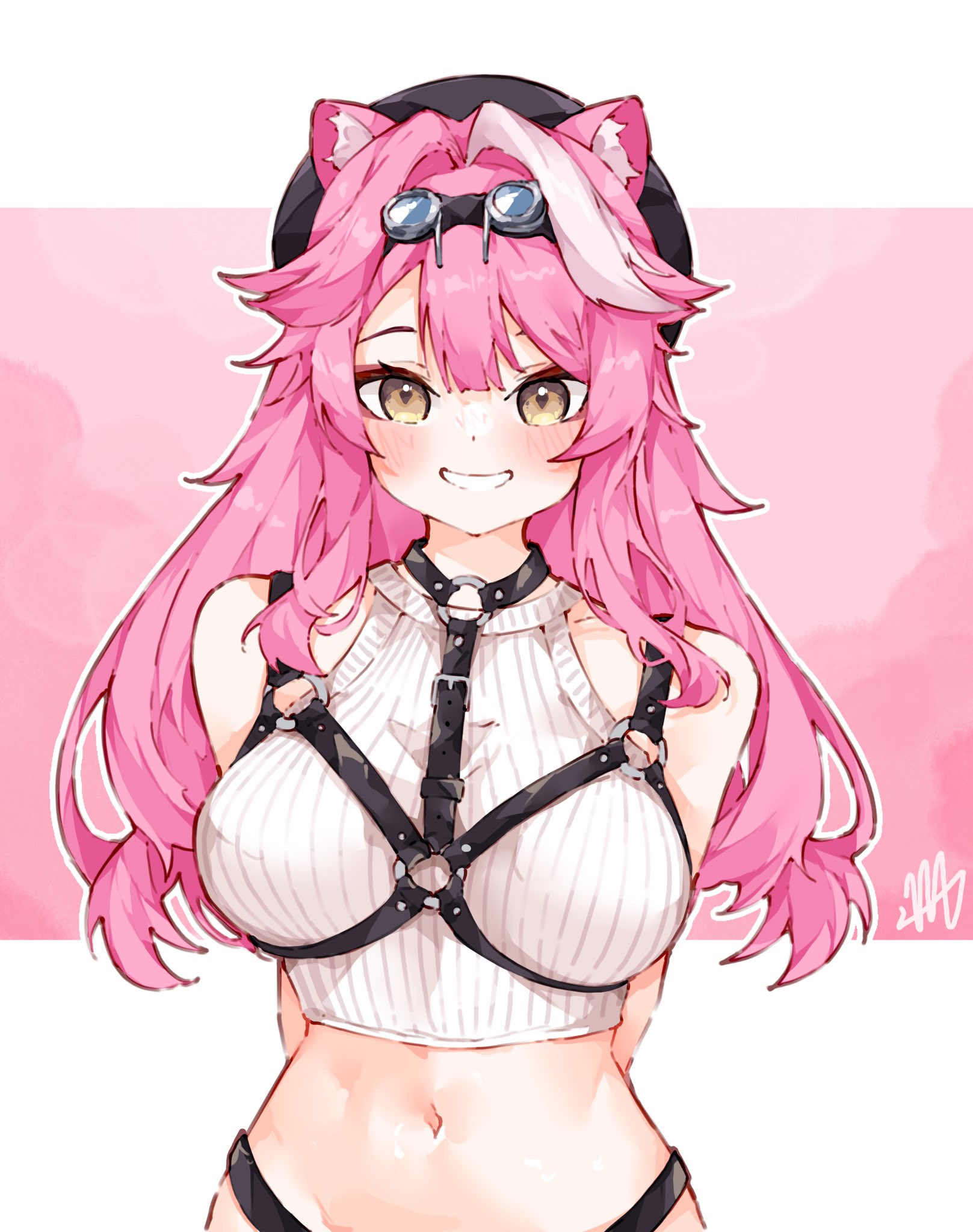 ma draws, raora panthera, hololive, hololive english, commentary, english commentary, highres, 1girl, animal ears, arms behind back, bare shoulders, beret, black hat, blush, breasts, chest harness, goggles, goggles on head, grin, hair intakes, harness, hat, large breasts, long hair, looking at viewer, multicolored hair, navel, o-ring, o-ring harness, panther ears, panther girl, pink background, pink hair, ribbed shirt, shirt, signature, smile, solo, stomach, streaked hair, two-tone hair, virtual youtuber, white background, white hair, white shirt, yellow eyes