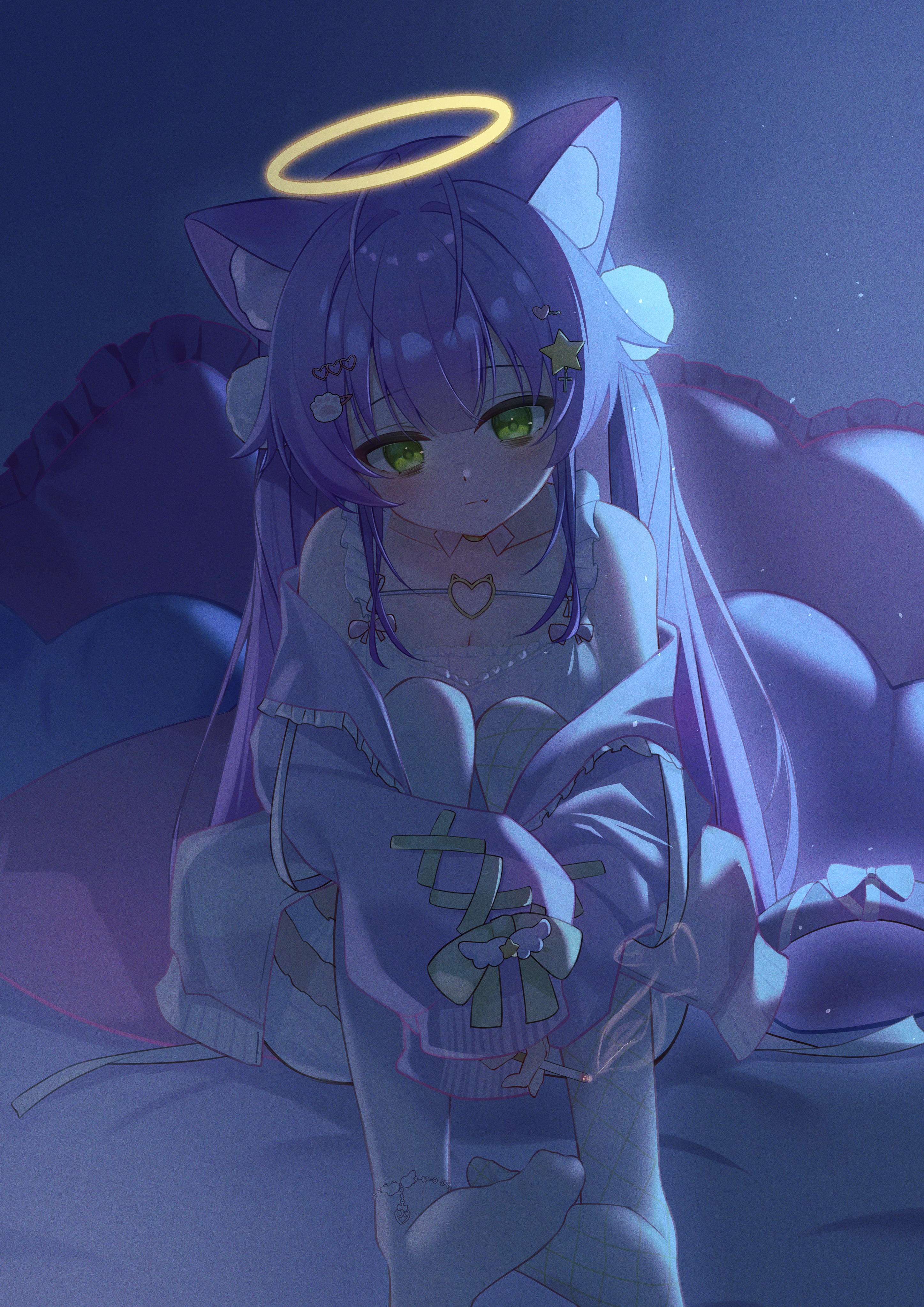 ryaru ryaru, indie virtual youtuber, absurdres, character request, commission, highres, pixiv commission, 1girl, animal ear fluff, animal ears, antenna hair, bags under eyes, cat ears, closed mouth, fang, full body, green eyes, hair intakes, hair ornament, halo, heart, heart hair ornament, hood, hoodie, hugging own legs, indoors, looking at viewer, night, no shoes, on bed, open clothes, open hoodie, pom pom (clothes), pom pom hair ornament, purple hoodie, sitting, skin fang, sleepy, solo, star (symbol), star hair ornament, thighhighs, traditional halo, virtual youtuber, white thighhighs, yellow halo
