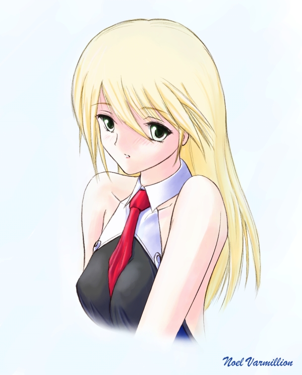 ryu-akt, noel vermillion, arc system works, blazblue, bare shoulders, blonde hair, character name, green eyes, hair down, long hair, necktie, solo