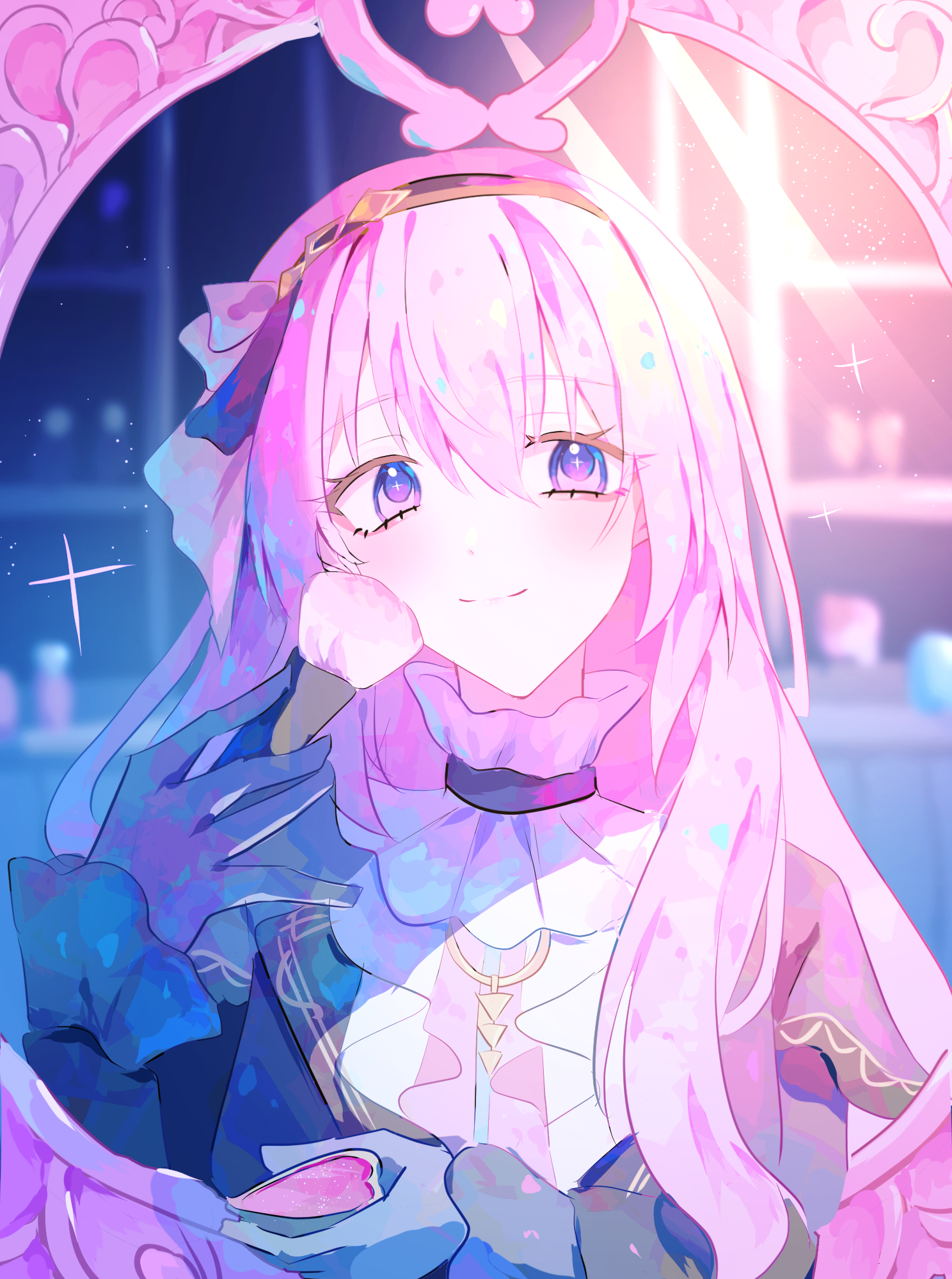 narumi kanata, megurine luka, project sekai, commentary, costume request, highres, symbol-only commentary, 1girl, applying makeup, applying own makeup, ascot, blue eyes, blush, border, collared dress, dress, gloves, hair between eyes, hairband, hand up, high collar, holding, holding brush, long hair, looking at mirror, makeup brush, mirror, ornate border, pink hair, sidelocks, smile, solo, sparkle, straight-on, white ascot