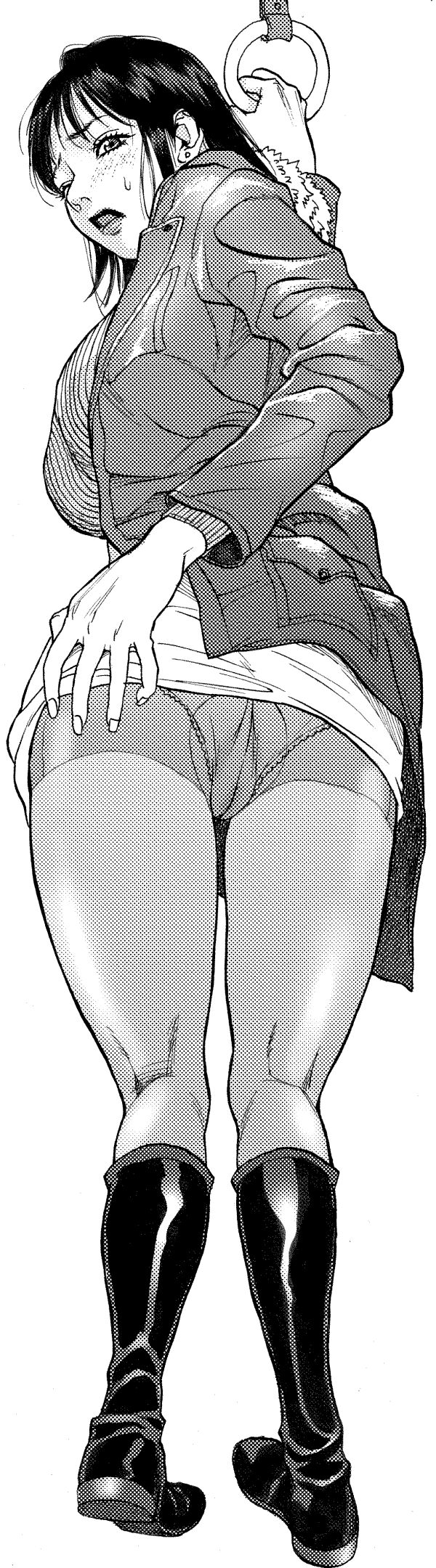 kishizuka kenji, bad id, bad pixiv id, highres, long image, tall image, 1girl, ass, boots, female focus, from below, greyscale, halftone, looking back, monochrome, panties, pantyhose, pantyshot, pencil skirt, screentones, skirt, solo, underwear