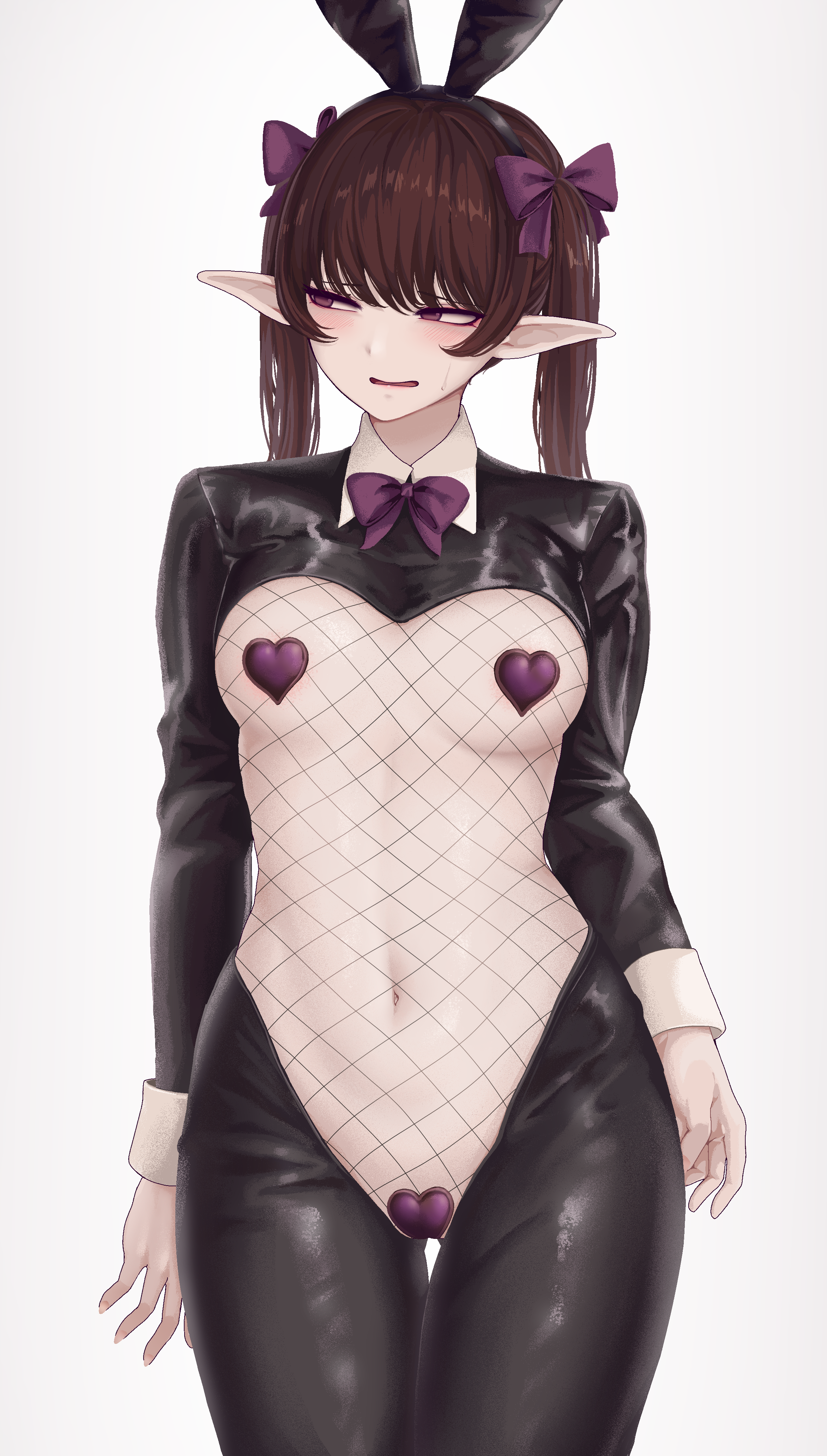 son (c100011), himekaidou hatate, touhou, absurdres, highres, 1girl, alternate costume, animal ears, averting eyes, bow, breasts, brown hair, cowboy shot, crotchless, crotchless pantyhose, embarrassed, fake animal ears, fishnets, hair bow, heart maebari, heart pasties, long sleeves, maebari, medium breasts, pantyhose, pasties, pointy ears, purple bow, purple eyes, rabbit ears, reverse bunnysuit, reverse outfit, shrug (clothing), simple background, solo, twintails, white background