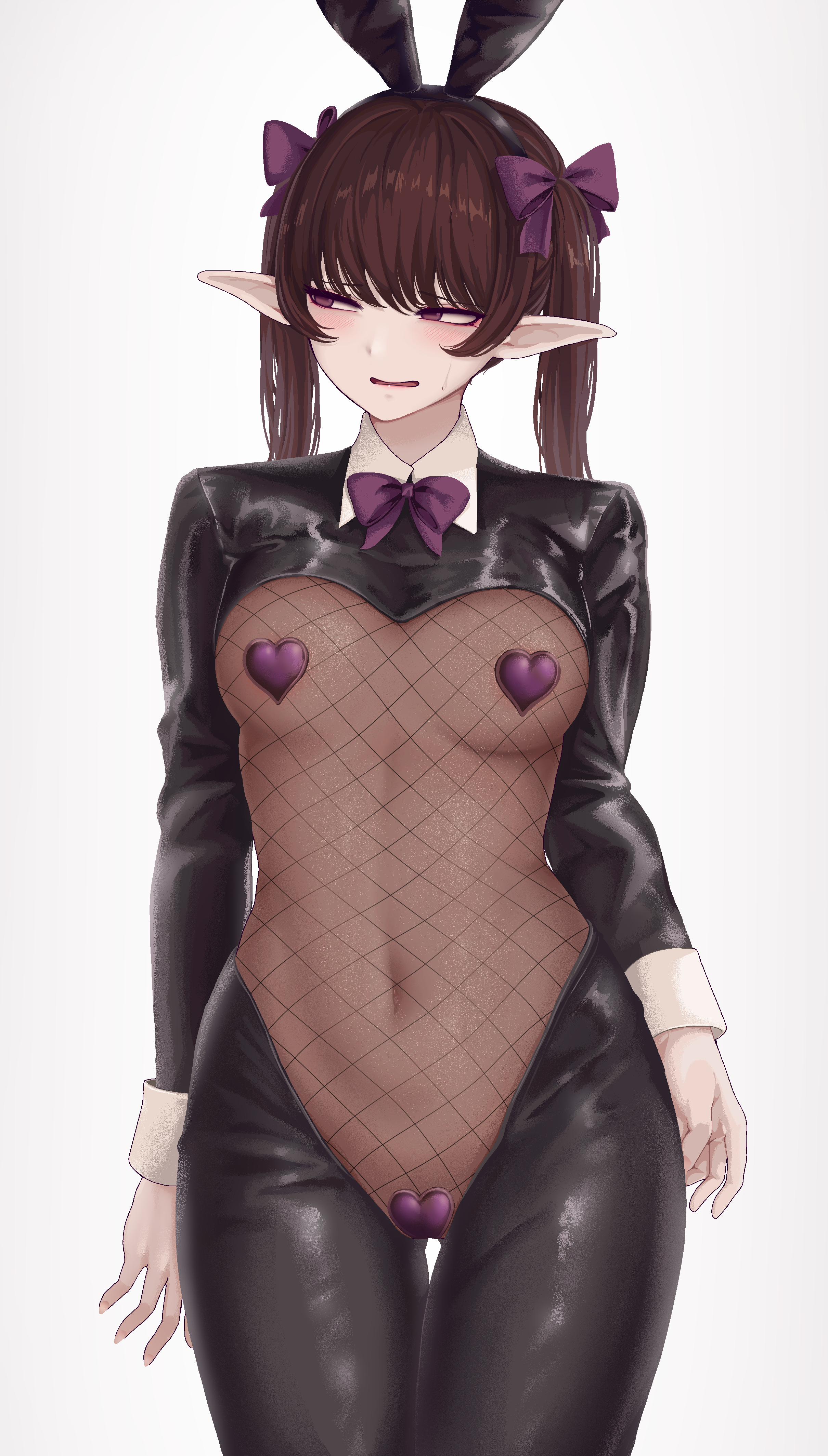 son (c100011), himekaidou hatate, touhou, absurdres, highres, 1girl, alternate costume, animal ears, averting eyes, bodystocking, bow, breasts, brown hair, cowboy shot, crotchless, crotchless pantyhose, embarrassed, fake animal ears, fishnet bodystocking, fishnets, hair bow, heart maebari, heart pasties, long sleeves, maebari, medium breasts, pantyhose, pasties, pointy ears, purple bow, purple eyes, rabbit ears, reverse bunnysuit, reverse outfit, shrug (clothing), simple background, solo, twintails, white background