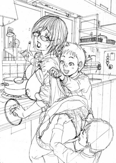 kishizuka kenji, original, bad id, bad pixiv id, 1girl, 2boys, age difference, ass, breasts, clothes lift, cooking, from behind, garter belt, garter straps, glasses, greyscale, groping, hetero, housewife, kitchen, large breasts, looking back, mature female, monochrome, mother and son, multiple boys, no bra, onee-shota, open clothes, open shirt, panties, shirt, shota, sketch, skirt, skirt lift, thighhighs, underwear, upskirt