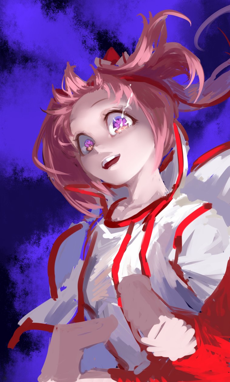 inishie kumo, haru urara (bestest prize) (umamusume), haru urara (umamusume), umamusume, highres, 1girl, animal ears, bow, ear bow, ear covers, flower-shaped pupils, flower in eye, hairband, headband, horse ears, horse girl, jacket, long hair, open mouth, pink eyes, pink hair, pink headband, ponytail, red headband, shirt, solo, symbol-shaped pupils, symbol in eye, teeth, upper body, upper teeth only, white jacket, white shirt