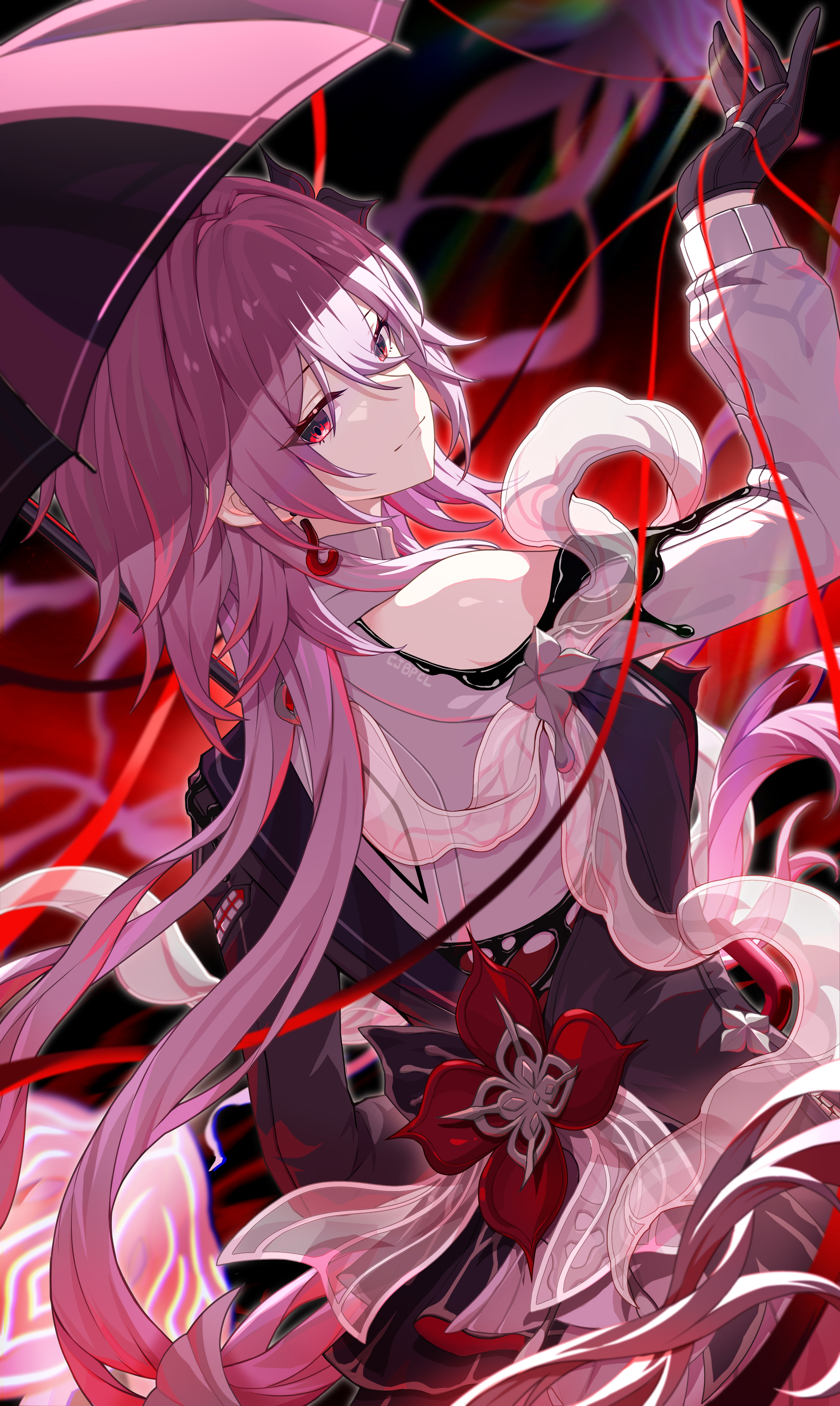 bupa chila, evernight (honkai: star rail), march 7th (honkai: star rail), honkai: star rail, honkai (series), absurdres, chinese commentary, commentary request, highres, 1girl, artist name, black dress, black gloves, black liquid, breasts, closed mouth, dress, flower, from behind, gloves, gradient background, hair between eyes, hair intakes, half-jacket, hand up, head tilt, holding, holding umbrella, jewelry, layered dress, long hair, long sleeves, looking at viewer, looking back, low twintails, medium breasts, pink hair, red background, red eyes, red flower, ring, single bare shoulder, solo, standing, string, turning head, twintails, umbrella, very long hair, white dress