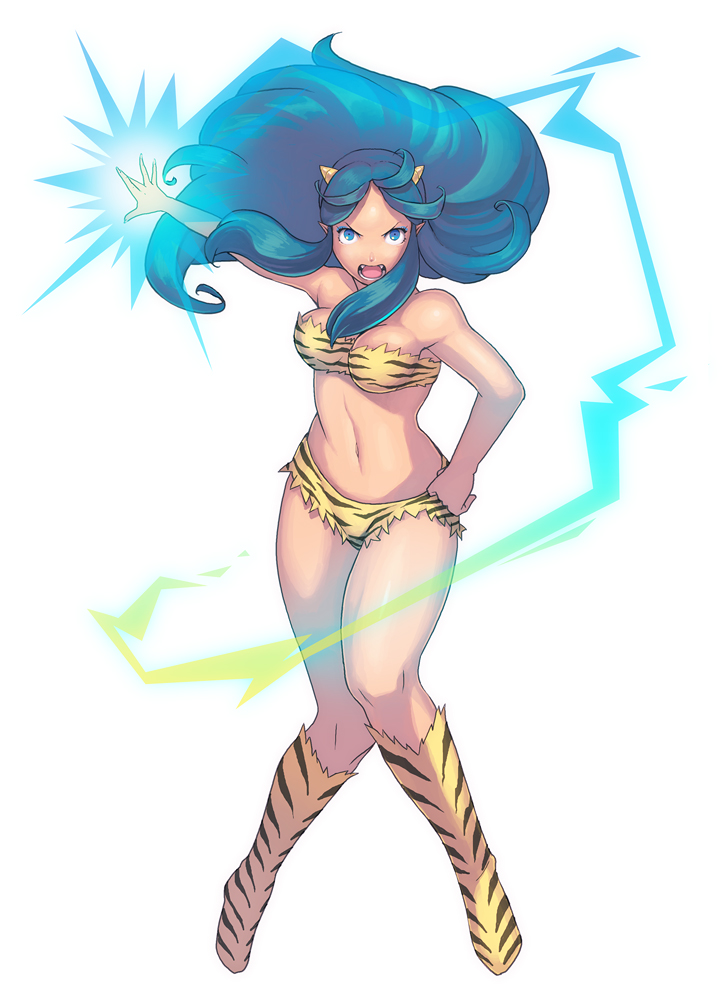 juuden, lum, urusei yatsura, 1girl, animal print, blue eyes, boots, cone horns, eyeshadow, female focus, horns, long hair, makeup, midriff, navel, shorts, solo, striped horns, tiger print, yellow horns