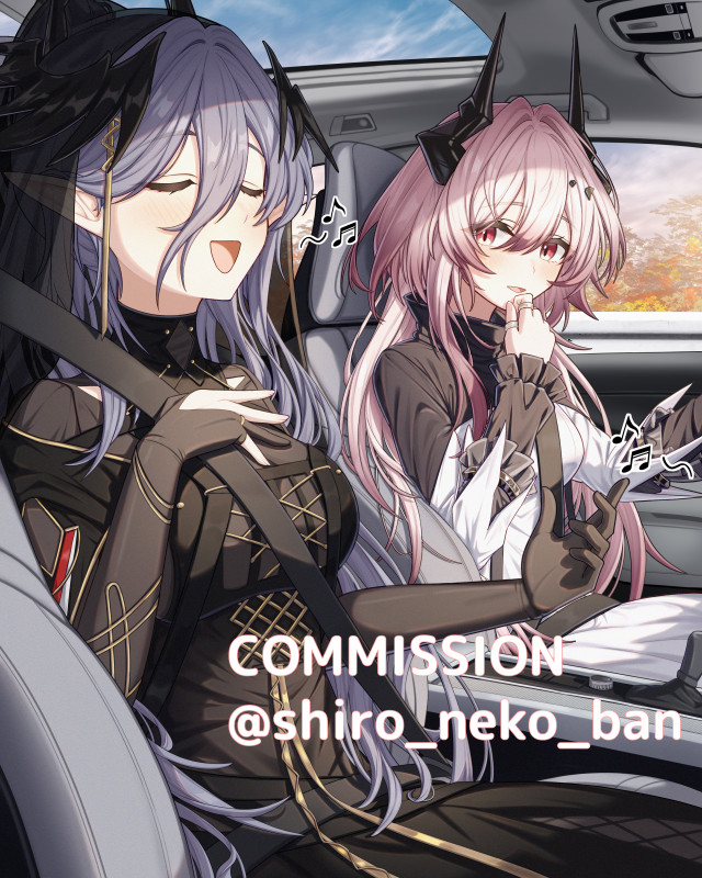 shironekoban, laqeramaline (arknights), theresa (arknights), arknights, commentary request, commission, 2girls, :d, beamed sixteenth notes, black dress, black horns, black veil, breasts, bridal gauntlets, car interior, closed eyes, day, demon girl, demon horns, dot nose, dress, eighth note, frilled sleeves, frills, hair between eyes, hair intakes, hand on own chest, hand on own chin, head wings, horns, impossible clothes, impossible dress, jewelry, long hair, long hair between eyes, long sleeves, looking at another, medium breasts, multiple girls, multiple rings, music, musical note, open mouth, outdoors, pink hair, pointy ears, red eyes, ring, see-through clothes, see-through veil, singing, sitting, smile, sunroof, turtleneck, turtleneck dress, twitter username, veil, white dress, wings