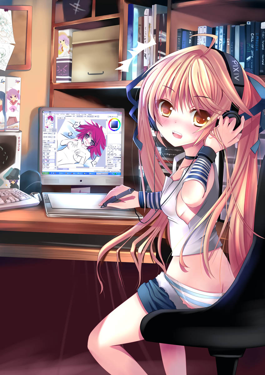 xephonia, hiiragi kagami, izumi konata, nagato yuki, lucky star, microsoft windows, painttool sai, pixiv, suzumiya haruhi no yuuutsu, windows xp, highres, 00s, 1girl, ahoge, blonde hair, blush, breasts, butt crack, computer, computer keyboard, drawing (action), drawing tablet, female focus, headphones, looking at viewer, panties, sideboob, sitting, small breasts, solo, striped clothes, striped panties, stylus, twintails, underwear, yellow eyes