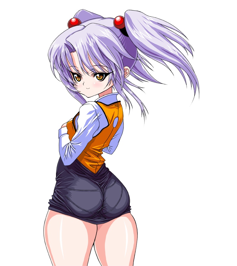 inagaki, hoshino ruri, kidou senkan nadesico, bad id, bad pixiv id, 1girl, ass, bad anatomy, female focus, hair ornament, looking back, pantylines, purple hair, skin tight, solo, sphere hair ornament, thick thighs, thighs, twintails, yellow eyes