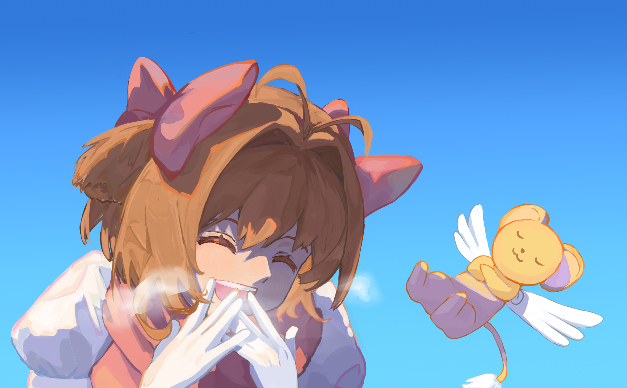 hirachill16, kero (cardcaptor sakura), kinomoto sakura, cardcaptor sakura, commentary, highres, 1girl, :3, ^ ^, antenna hair, blue sky, bow, brown hair, closed eyes, gloves, hair bow, laughing, magical girl, open mouth, pink bow, puffy short sleeves, puffy sleeves, short hair, short sleeves, short twintails, sky, smile, teeth, twintails, upper teeth only, white gloves, white wings, wings