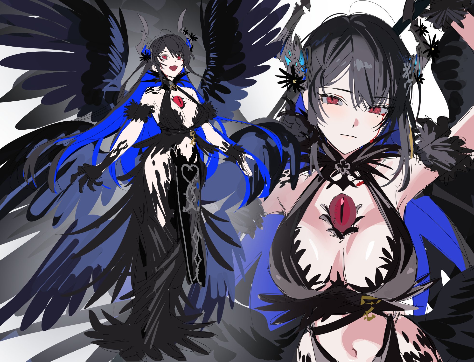 yomosaka, nerissa ravencroft, yatagarasu, hololive, hololive english, highres, 1girl, bird wings, blood, blood on face, breasts, choker, demon horns, fallen angel, harpy, horns, large breasts, monster girl, red eyes, third eye on chest, wings