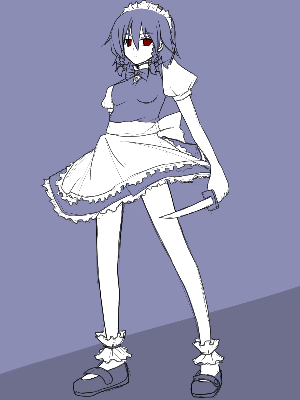 hiraga matsuri, hirasato, izayoi sakuya, touhou, bad id, bad pixiv id, highres, 1girl, braid, female focus, full body, knife, maid, monochrome, red eyes, short hair, solo, spot color, throwing knife, weapon