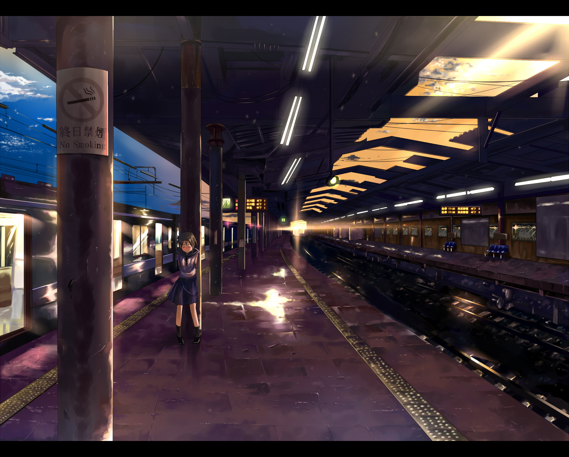 ryouma (galley), kirisame marisa, original, touhou, bad id, bad pixiv id, highres, 1girl, arms behind back, dusk, female focus, leaning, letterboxed, real world location, reflection, school uniform, serafuku, shinjuku (tokyo), skirt, solo, standing, tactile paving, tokyo (city), train, train station, yukkuri shiteitte ne