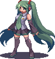 d-01, hatsune miku, vocaloid, lowres, green hair, headphones, long hair, pixel art, simple background, solo, thighhighs, twintails, very long hair, white background