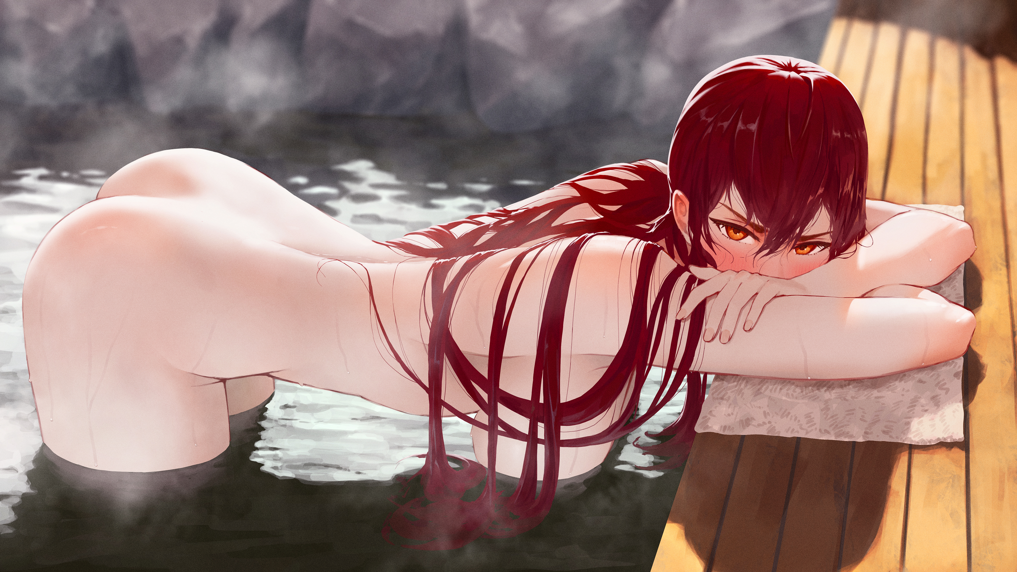 aqwariate, eris greyrat, mushoku tensei, absurdres, commentary, english commentary, highres, 1girl, ass, back, bent over, blush, breasts, completely nude, covering own mouth, from side, hair between eyes, hanging breasts, head rest, large breasts, long hair, looking at viewer, median furrow, nude, onsen, orange eyes, red hair, rock, solo, steam, towel, v-shaped eyebrows, very long hair, water, wet, wet hair, wooden floor