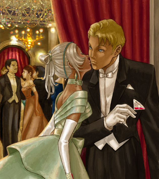 guin sard lineford, laura rolla, loran cehack, gundam, turn a gundam, silver hair, 1girl, 5boys, alcohol, blonde hair, crossdressing, dark-skinned male, dark skin, dress, elbow gloves, gloves, hair up, indoors, kiss, multiple boys, realistic, trap, wine, yaoi