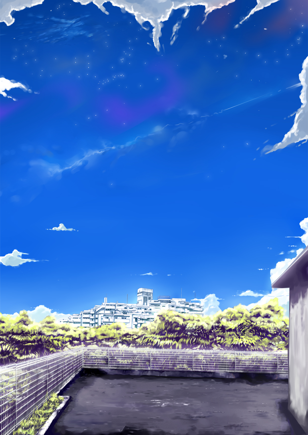 ryouma (galley), bad id, bad pixiv id, highres, building, cloud, day, no humans, railing, scenery, sky, star (sky), star (symbol), starry sky, tree